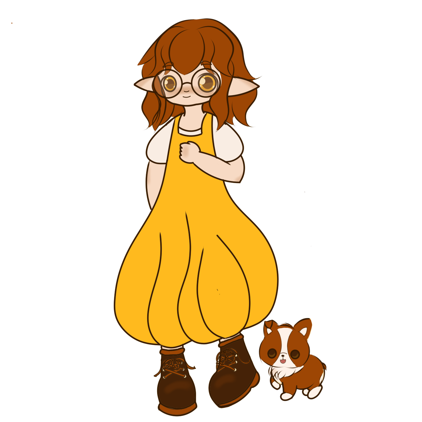 chibi femme person with long ears and yellow overalls with a chibi corgi at their ankle