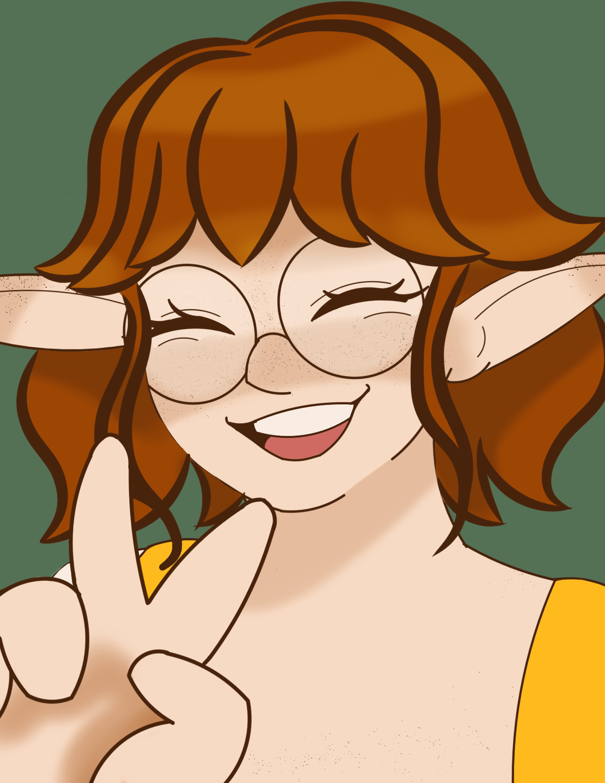 smiling meade raising two fingers in a peace sign